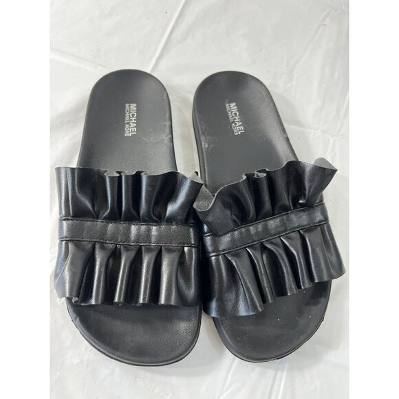 MIchael Kors Bella Leather Ruffle Slide Sandal Size 6 Black - Picture 2 of 12